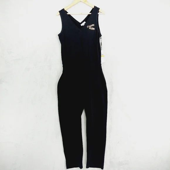 New Calvin Klein Designer Logo W/Drawstring Black Jumpsuit Romper P5446 - Picture 2 of 6